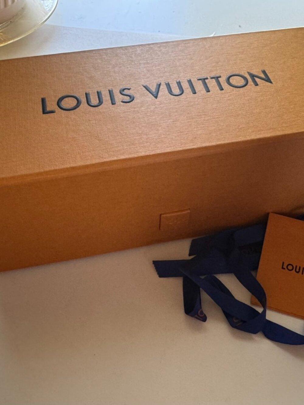 Authentic Louis Vuitton Orange Empty Box with Blue Ribbon, 10.5" x 4.5" x 4"